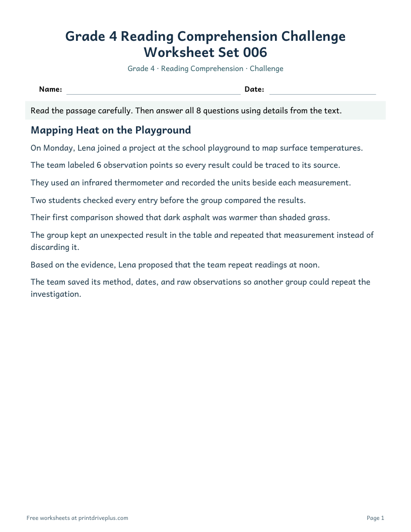 Preview of Grade 4 Reading Comprehension Challenge Worksheet Set 006