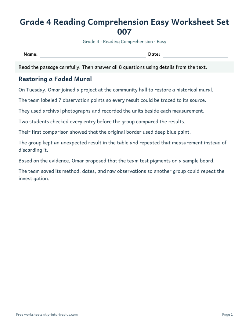 Preview of Grade 4 Reading Comprehension Easy Worksheet Set 007