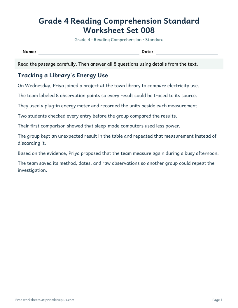 Preview of Grade 4 Reading Comprehension Standard Worksheet Set 008