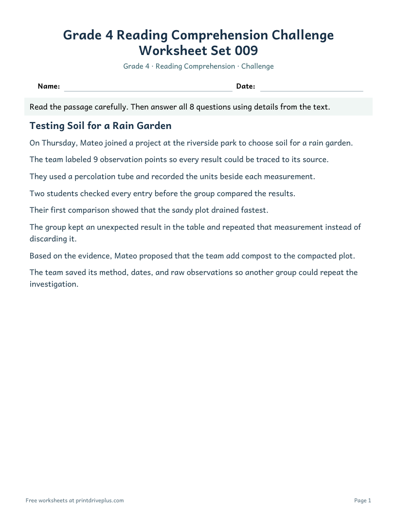 Preview of Grade 4 Reading Comprehension Challenge Worksheet Set 009