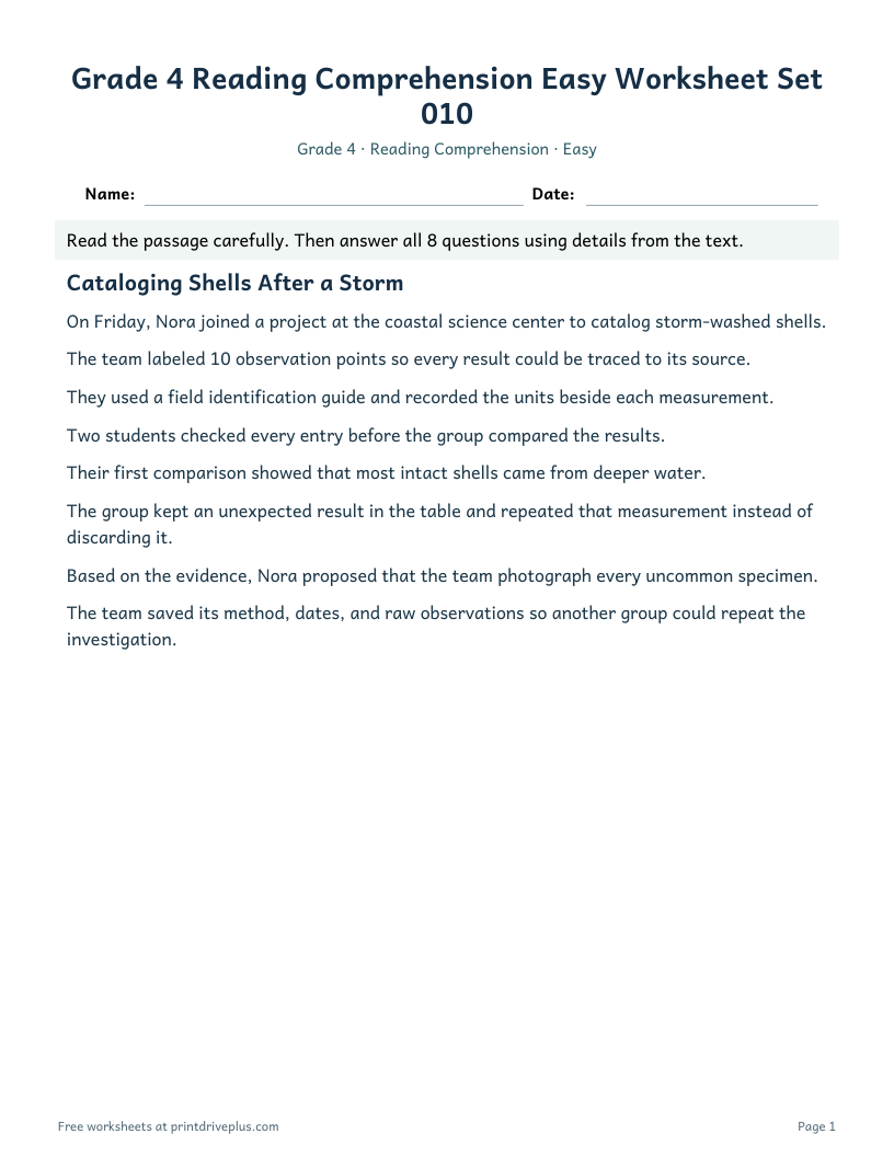 Preview of Grade 4 Reading Comprehension Easy Worksheet Set 010
