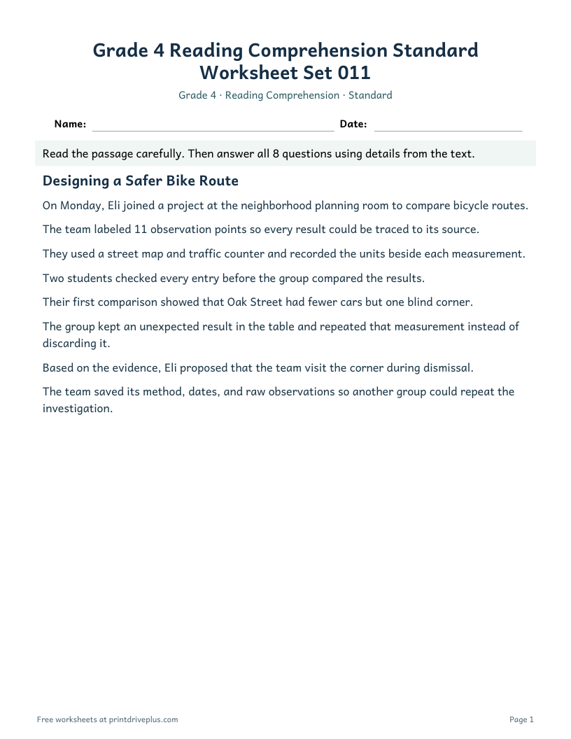Preview of Grade 4 Reading Comprehension Standard Worksheet Set 011