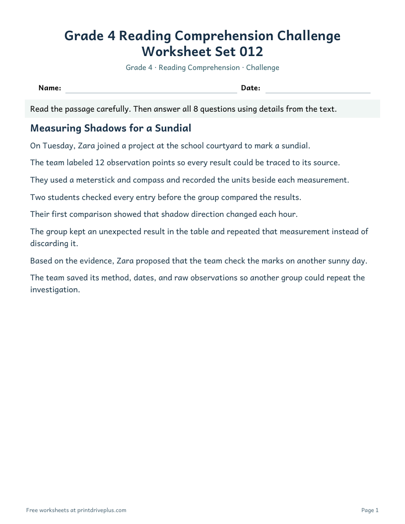 Preview of Grade 4 Reading Comprehension Challenge Worksheet Set 012