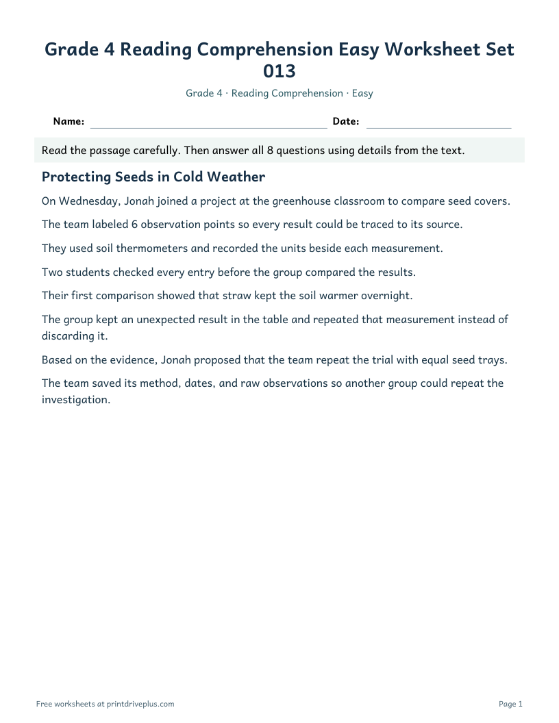 Preview of Grade 4 Reading Comprehension Easy Worksheet Set 013