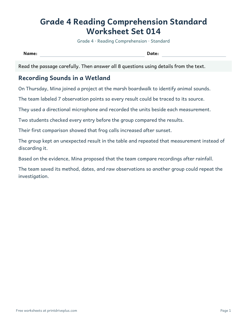 Preview of Grade 4 Reading Comprehension Standard Worksheet Set 014