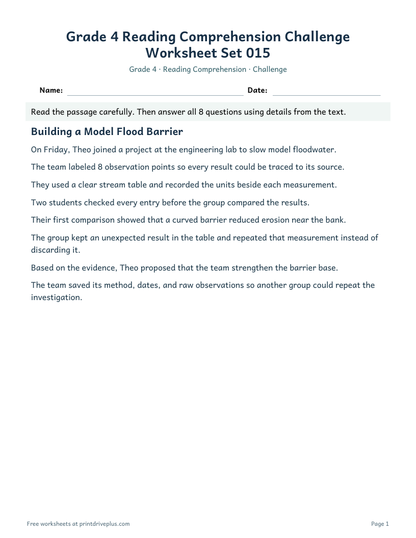 Preview of Grade 4 Reading Comprehension Challenge Worksheet Set 015