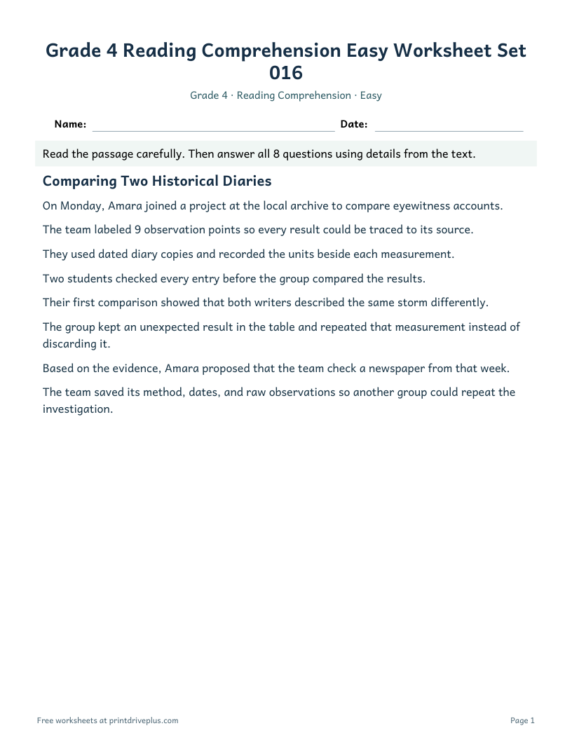 Preview of Grade 4 Reading Comprehension Easy Worksheet Set 016