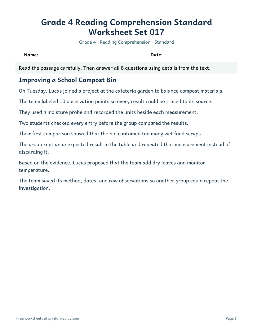 Preview of Grade 4 Reading Comprehension Standard Worksheet Set 017