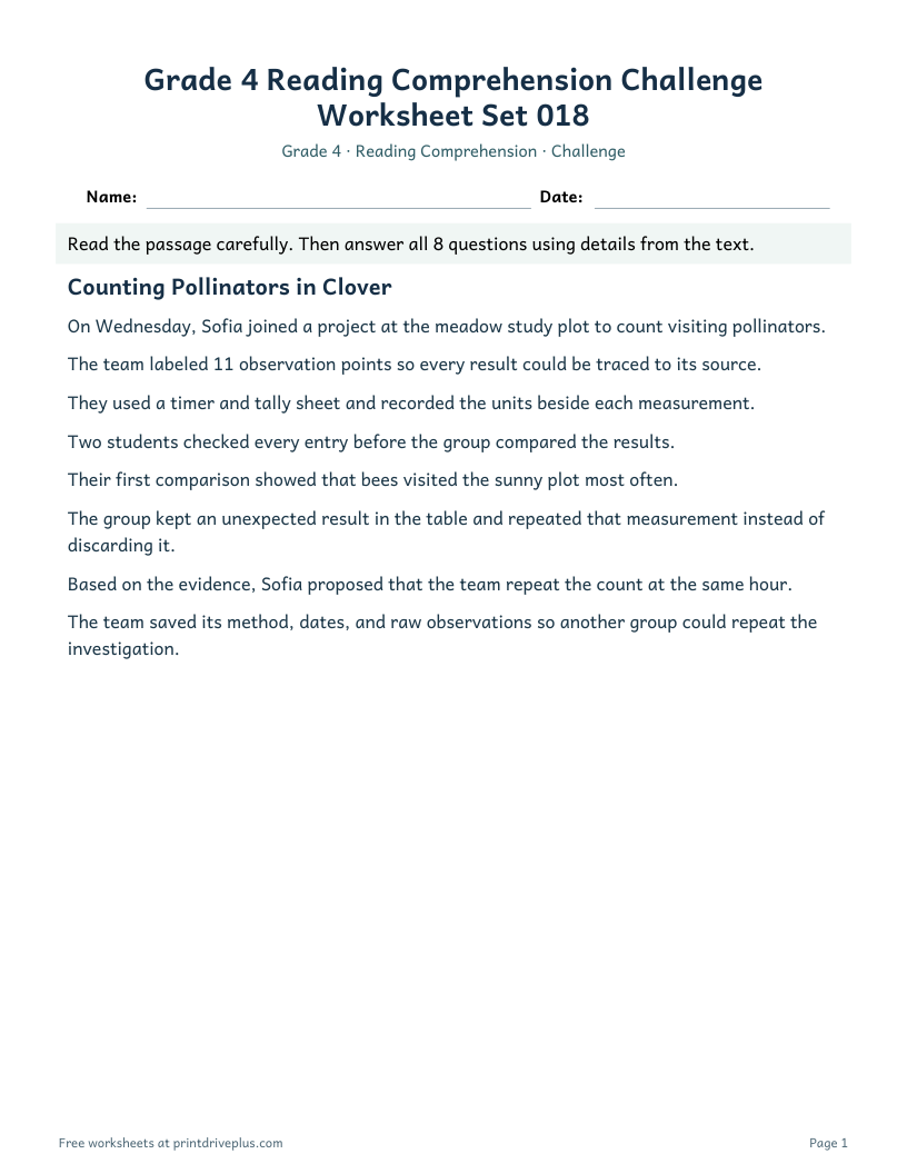 Preview of Grade 4 Reading Comprehension Challenge Worksheet Set 018