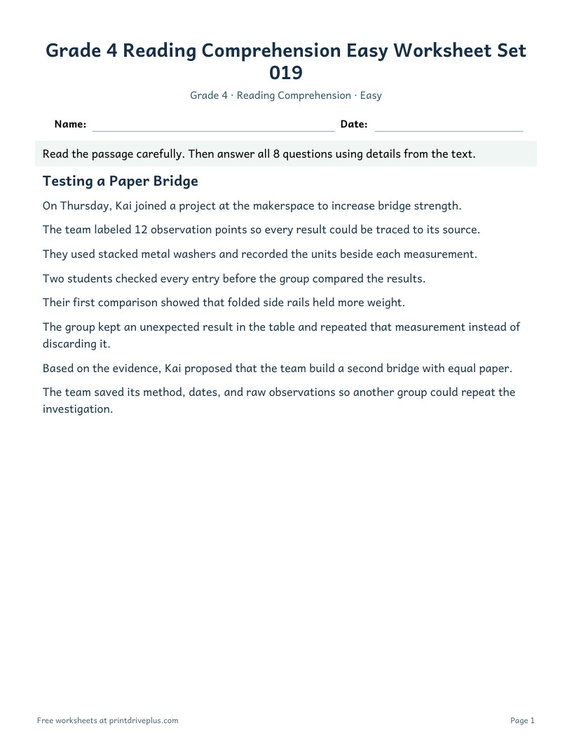 Preview of Grade 4 Reading Comprehension Easy Worksheet Set 019