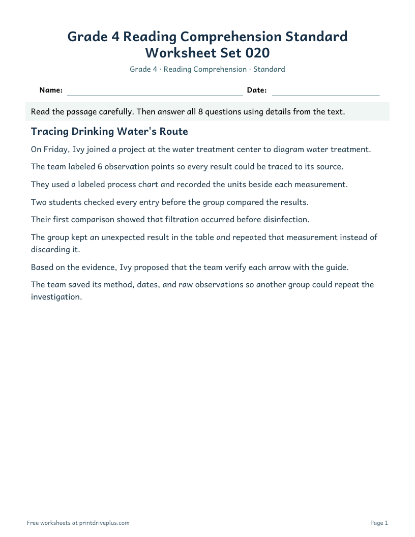 Preview of Grade 4 Reading Comprehension Standard Worksheet Set 020