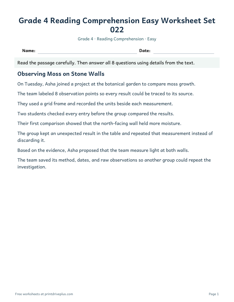 Preview of Grade 4 Reading Comprehension Easy Worksheet Set 022