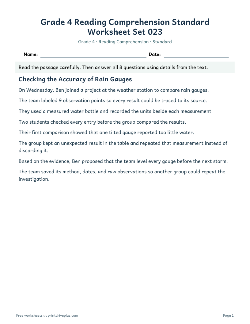 Preview of Grade 4 Reading Comprehension Standard Worksheet Set 023