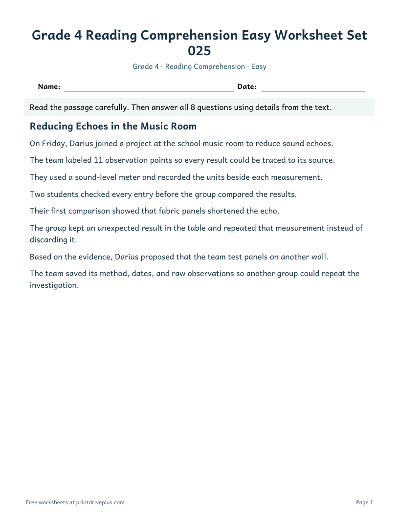Preview of Grade 4 Reading Comprehension Easy Worksheet Set 025