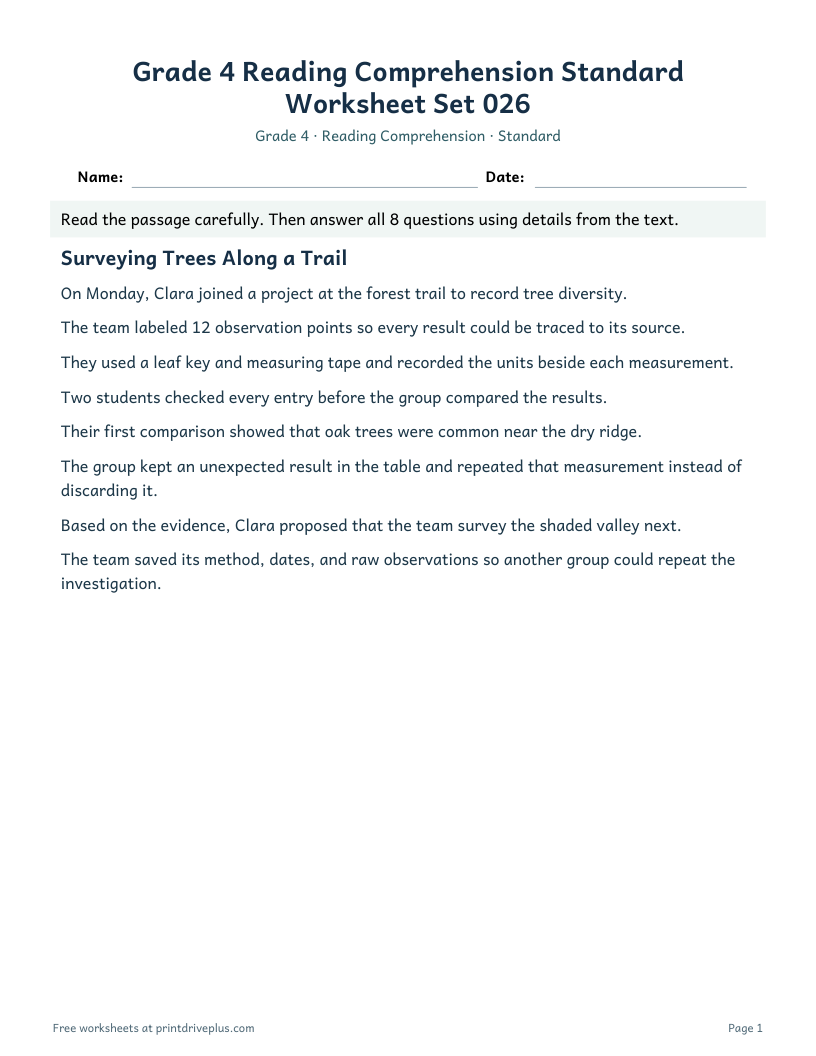Preview of Grade 4 Reading Comprehension Standard Worksheet Set 026