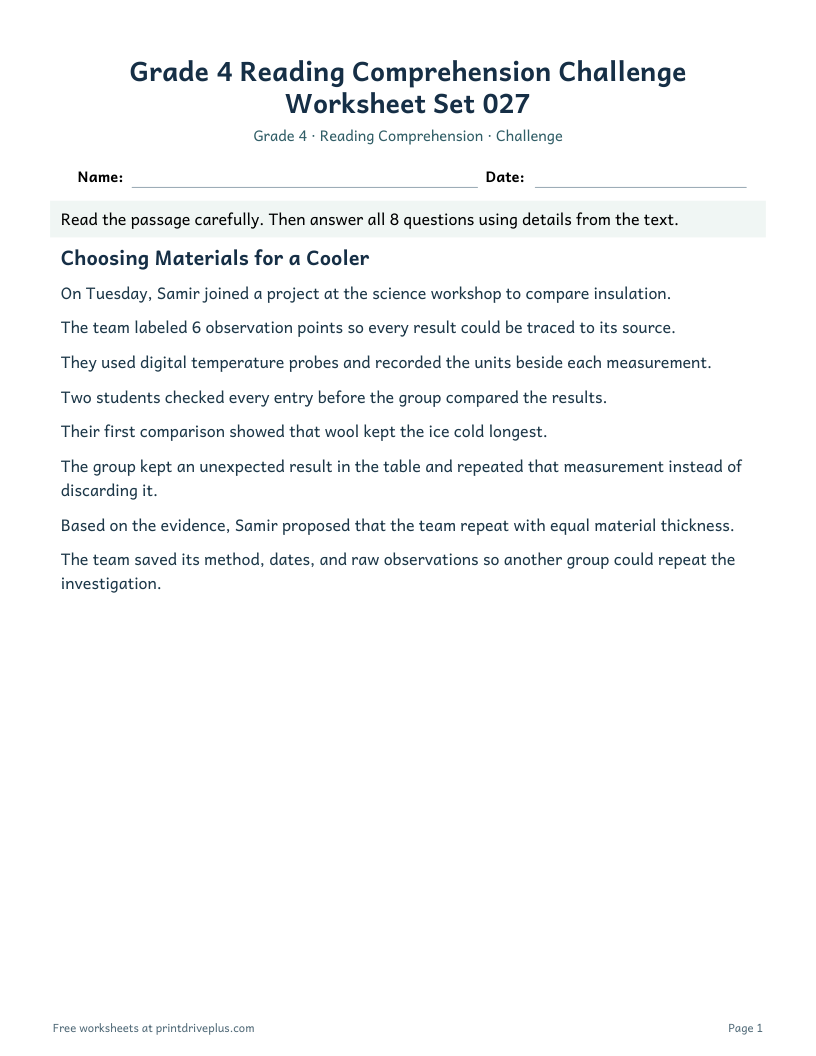 Preview of Grade 4 Reading Comprehension Challenge Worksheet Set 027