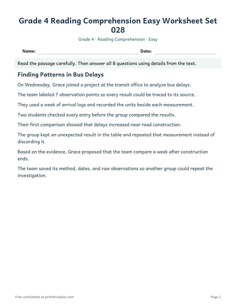 Preview of Grade 4 Reading Comprehension Easy Worksheet Set 028