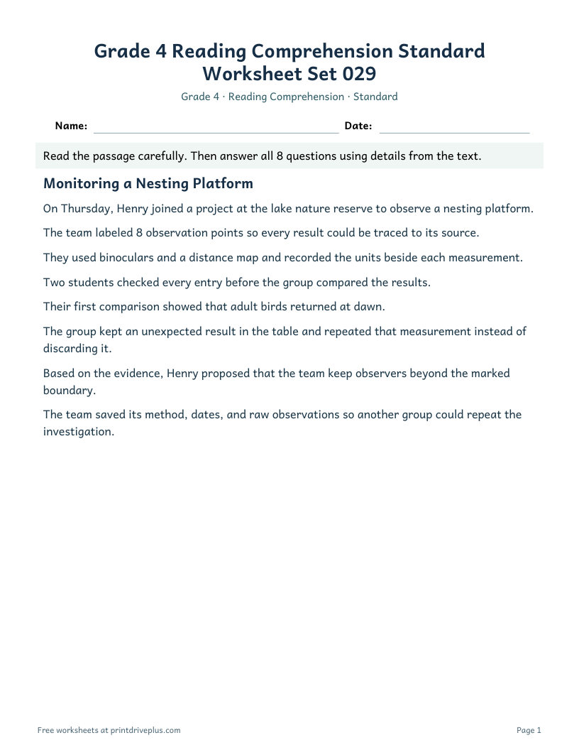 Preview of Grade 4 Reading Comprehension Standard Worksheet Set 029