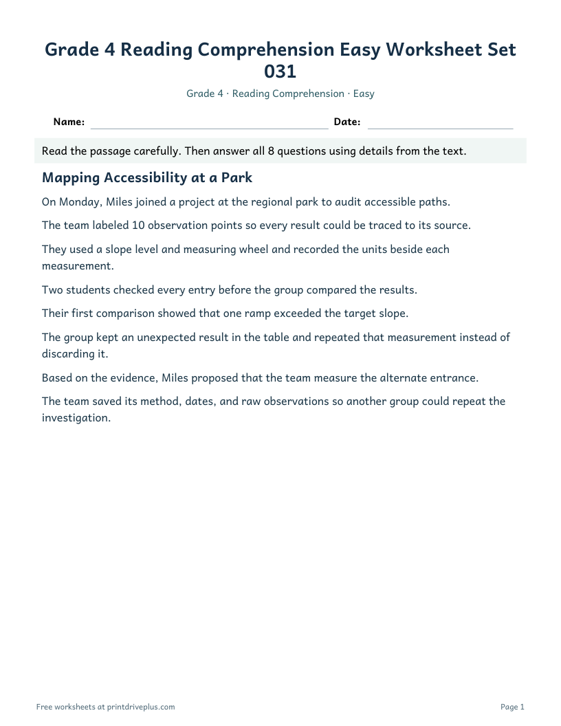Preview of Grade 4 Reading Comprehension Easy Worksheet Set 031