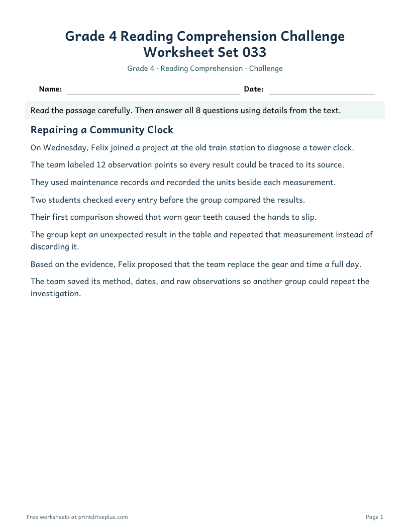 Preview of Grade 4 Reading Comprehension Challenge Worksheet Set 033