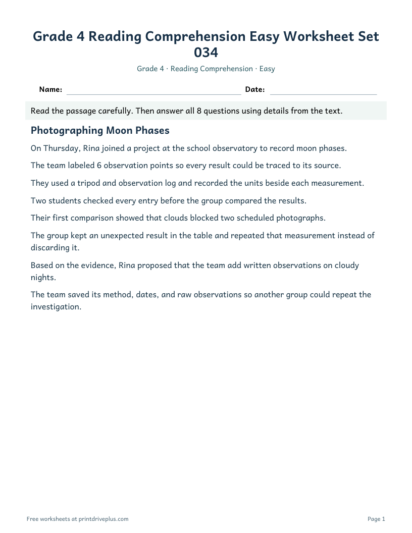 Preview of Grade 4 Reading Comprehension Easy Worksheet Set 034