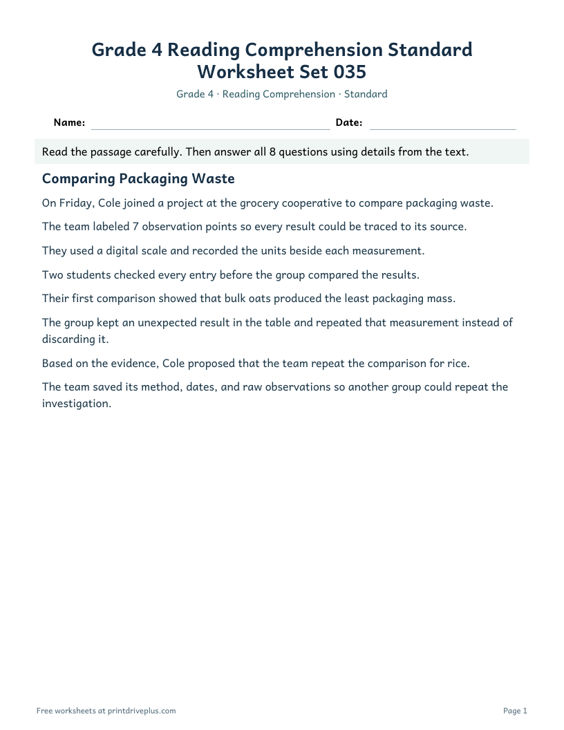 Preview of Grade 4 Reading Comprehension Standard Worksheet Set 035