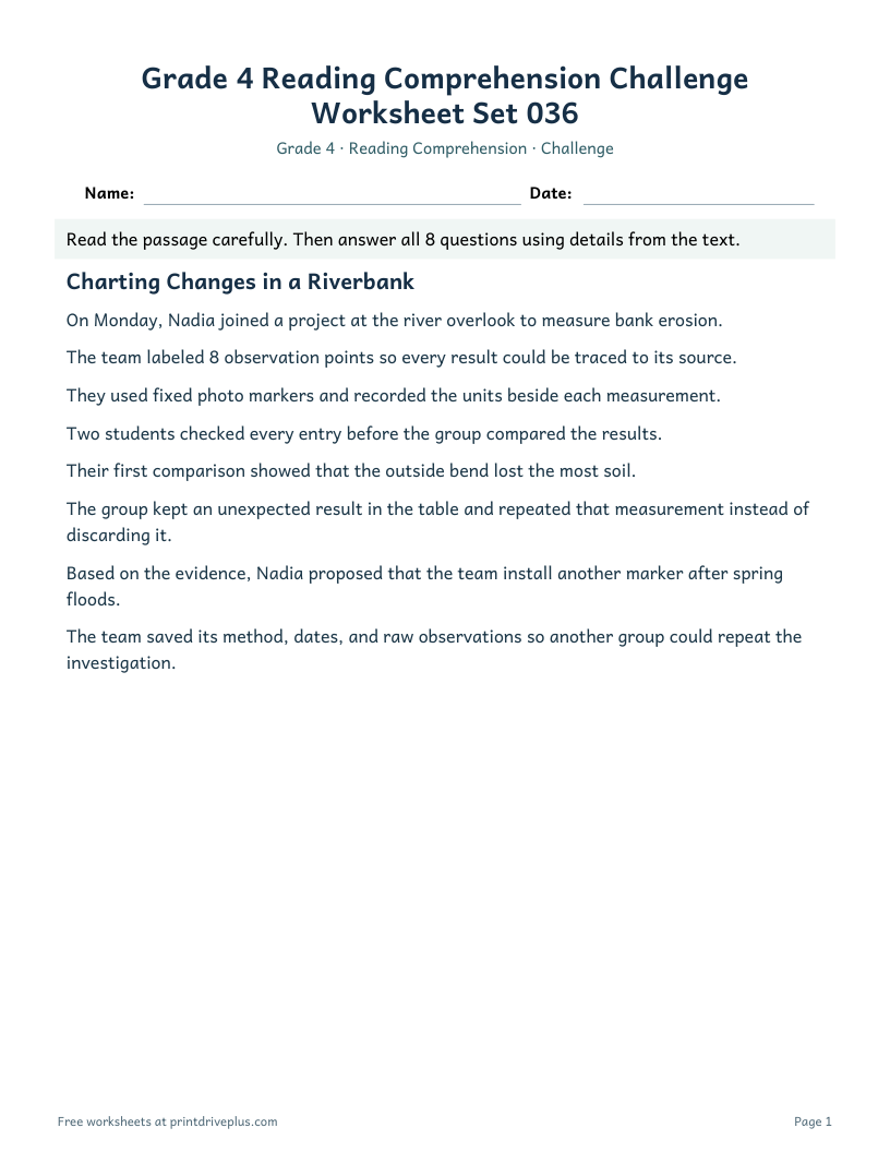 Preview of Grade 4 Reading Comprehension Challenge Worksheet Set 036