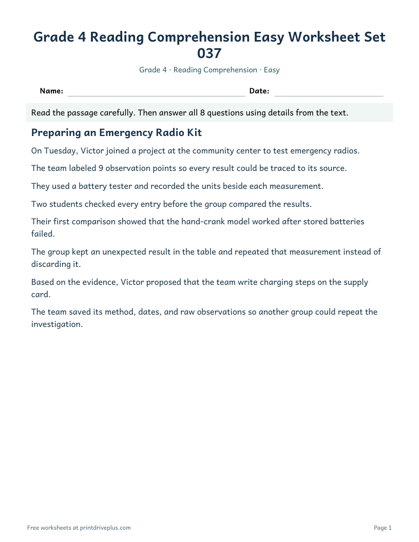 Preview of Grade 4 Reading Comprehension Easy Worksheet Set 037