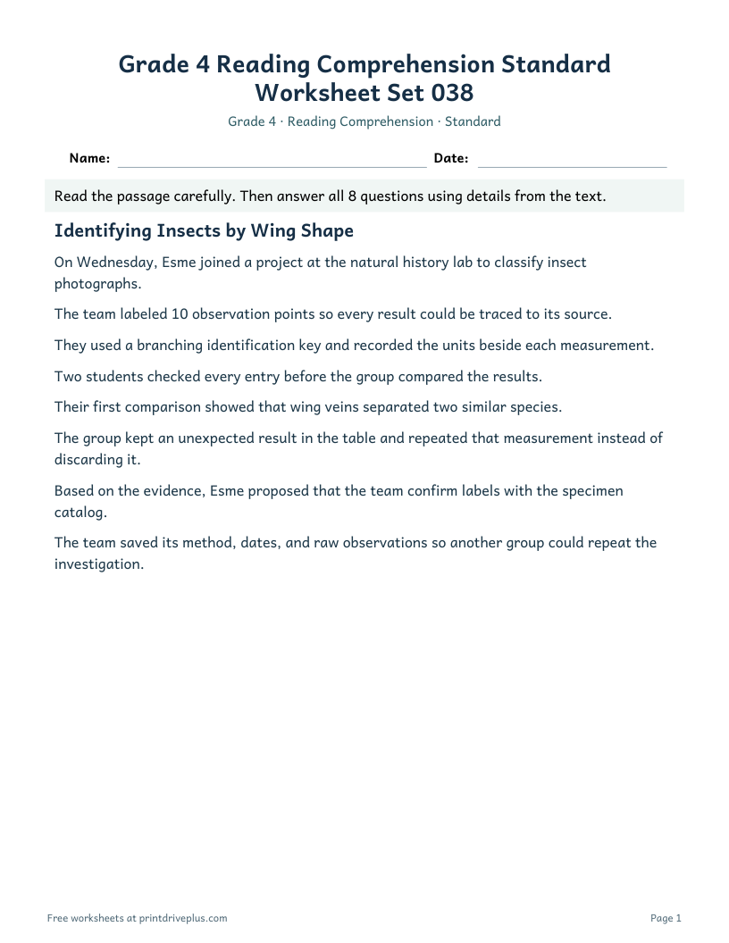 Preview of Grade 4 Reading Comprehension Standard Worksheet Set 038