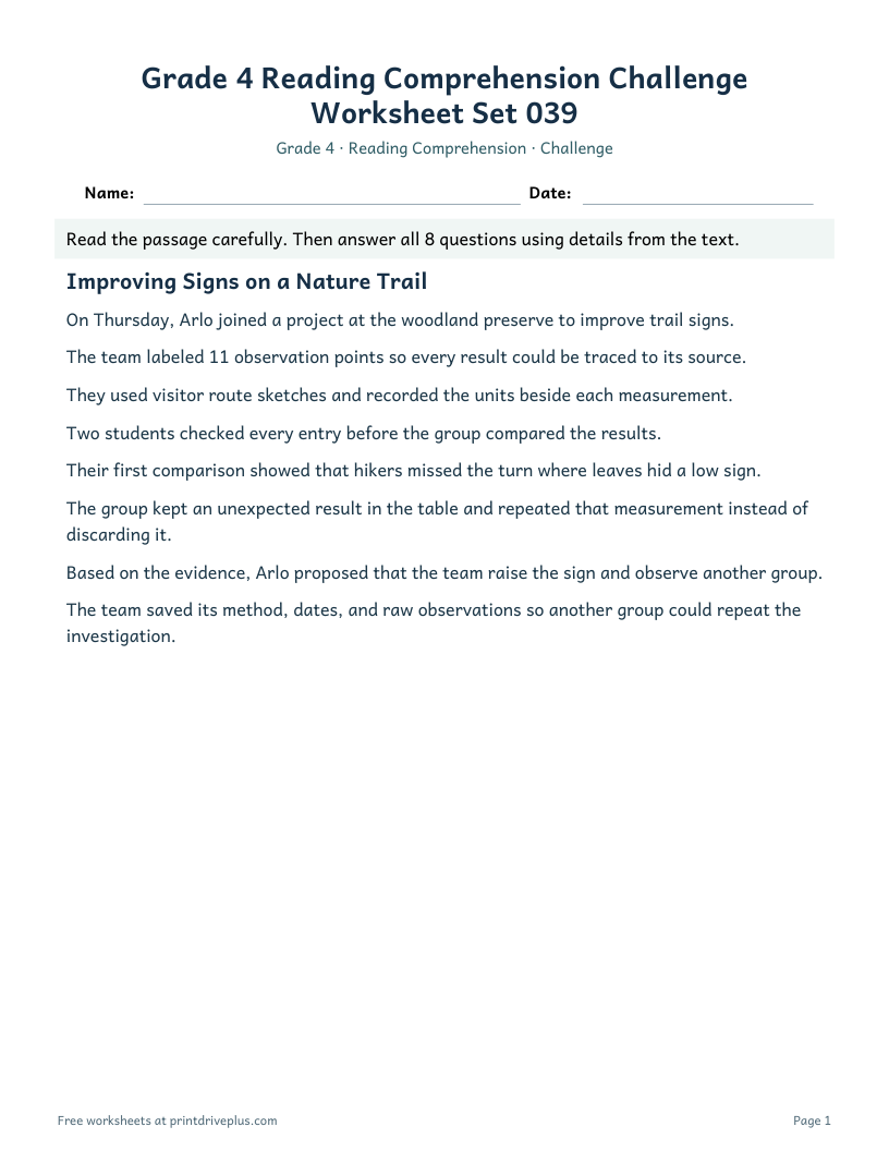 Preview of Grade 4 Reading Comprehension Challenge Worksheet Set 039