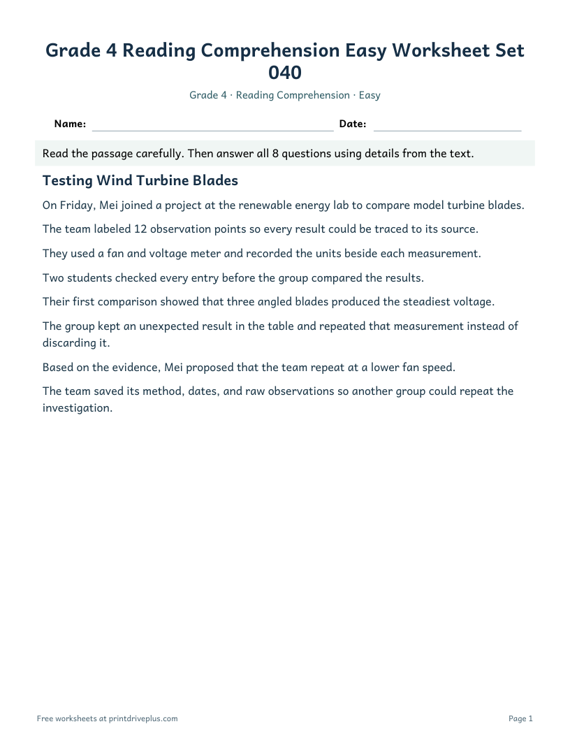 Preview of Grade 4 Reading Comprehension Easy Worksheet Set 040