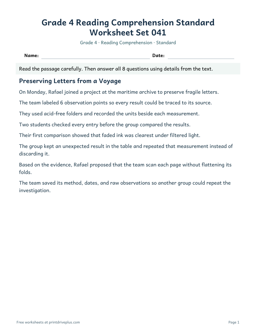 Preview of Grade 4 Reading Comprehension Standard Worksheet Set 041