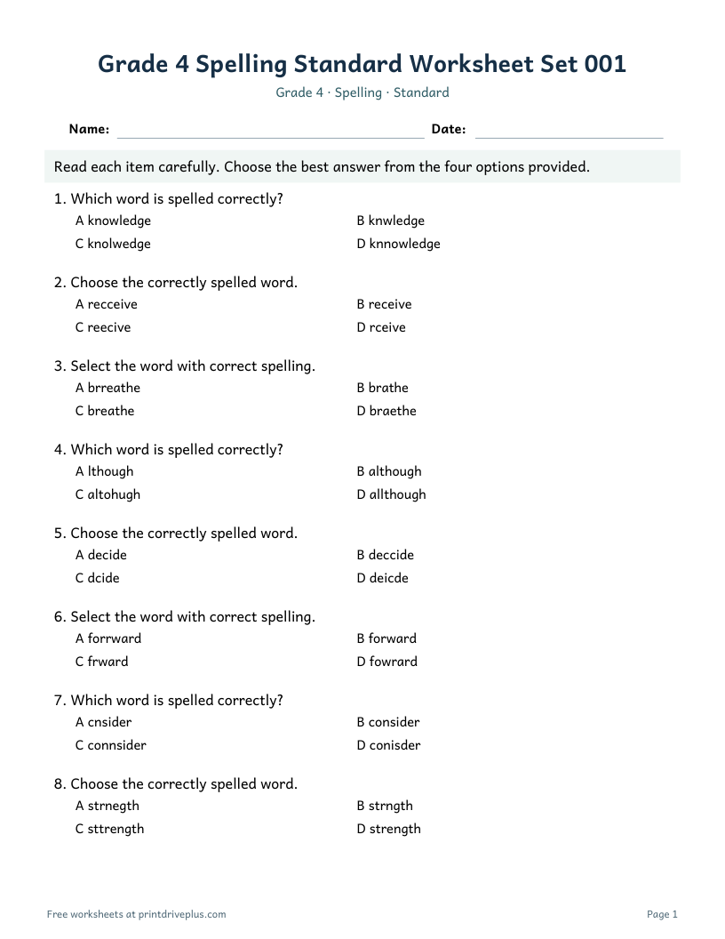 Preview of Grade 4 Spelling Standard Worksheet Set 001