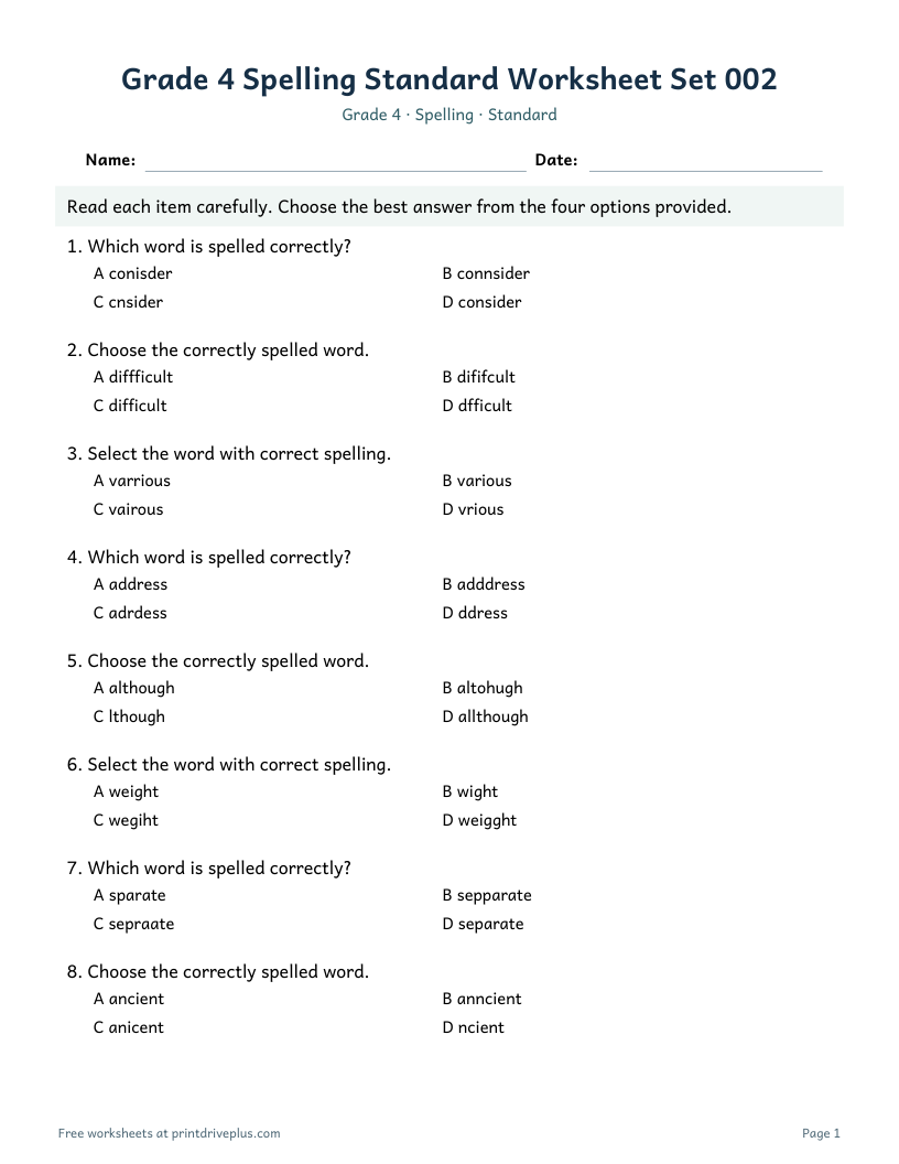 Preview of Grade 4 Spelling Standard Worksheet Set 002