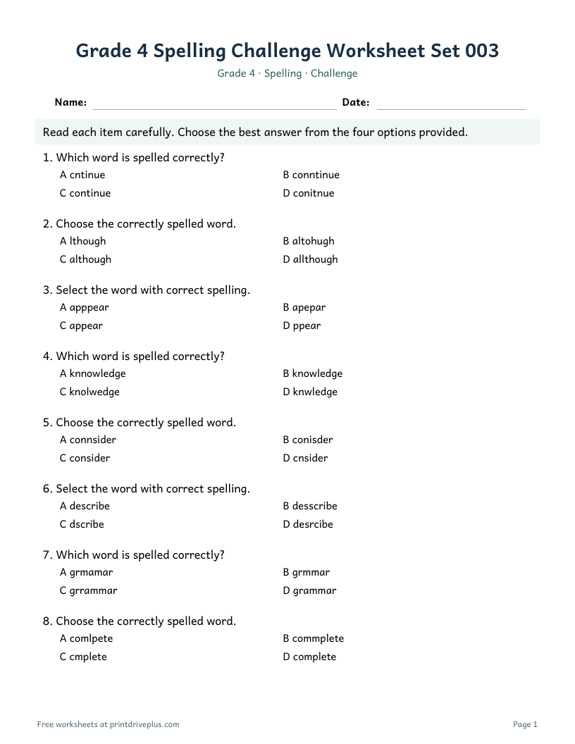 Preview of Grade 4 Spelling Challenge Worksheet Set 003