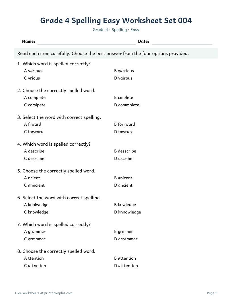 Preview of Grade 4 Spelling Easy Worksheet Set 004
