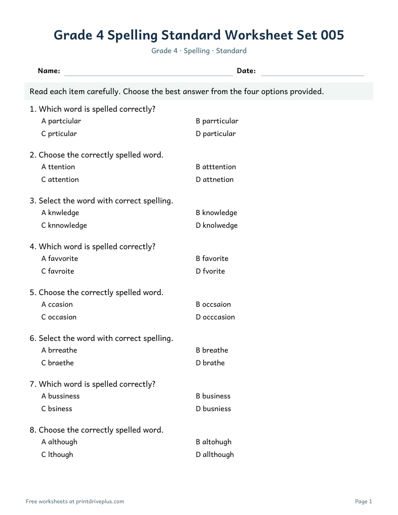 Preview of Grade 4 Spelling Standard Worksheet Set 005