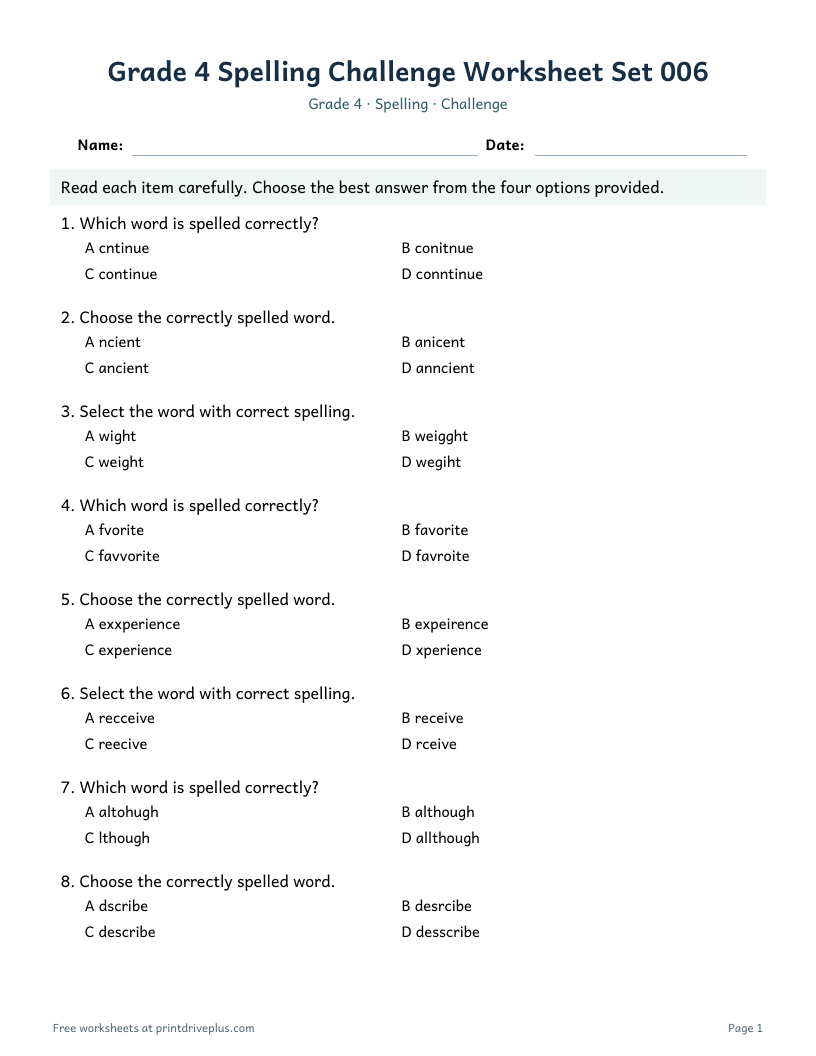 Preview of Grade 4 Spelling Challenge Worksheet Set 006