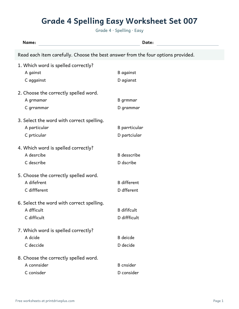 Preview of Grade 4 Spelling Easy Worksheet Set 007