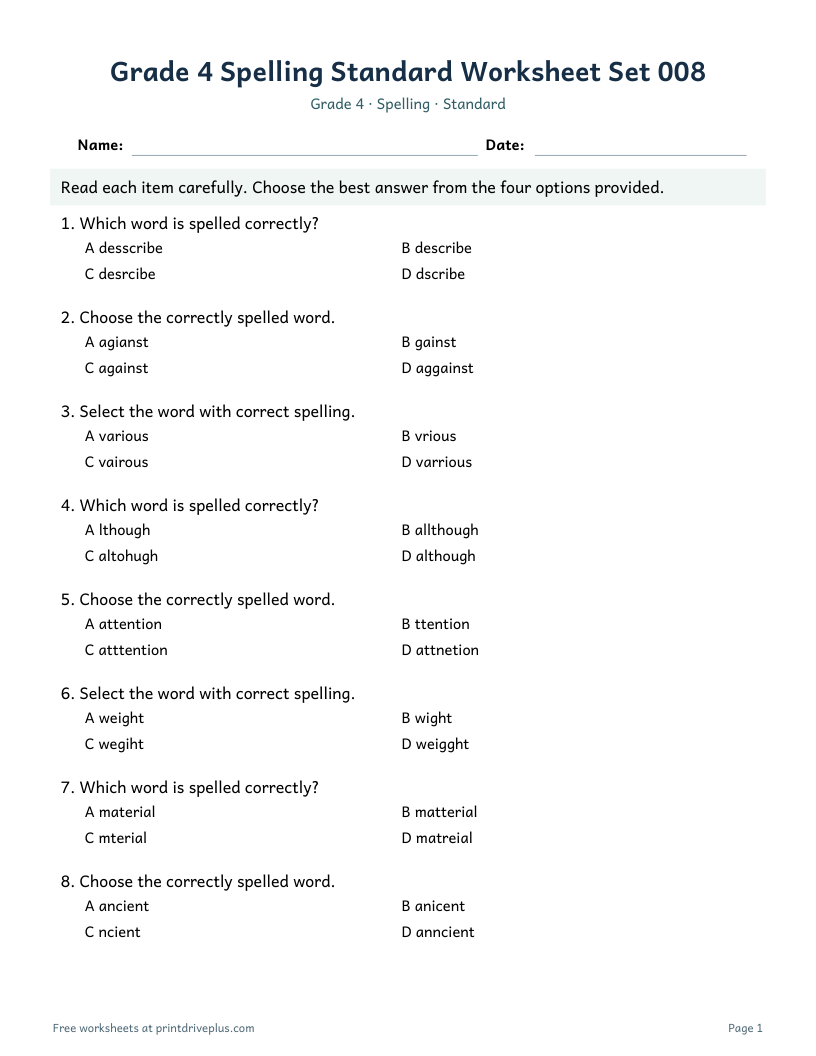 Preview of Grade 4 Spelling Standard Worksheet Set 008