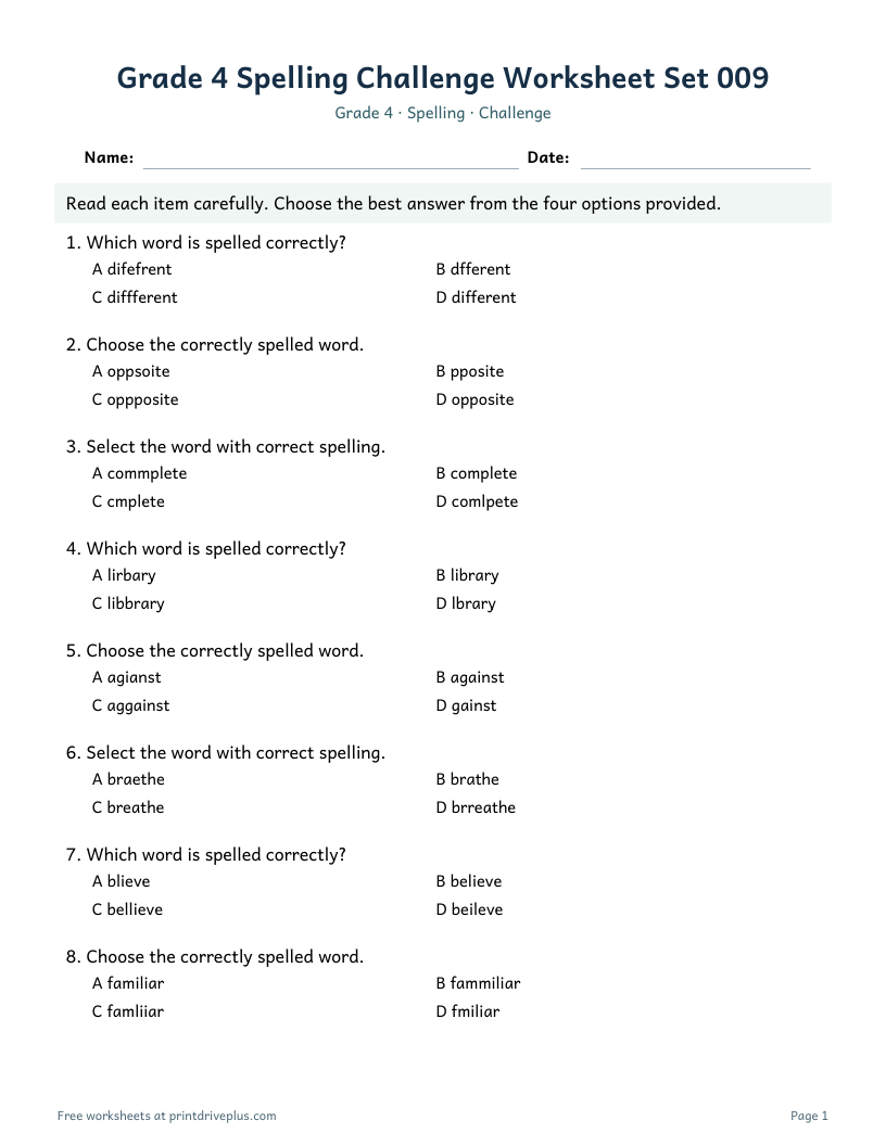 Preview of Grade 4 Spelling Challenge Worksheet Set 009