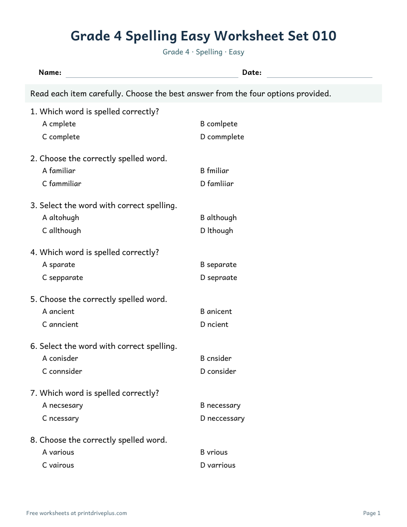 Preview of Grade 4 Spelling Easy Worksheet Set 010