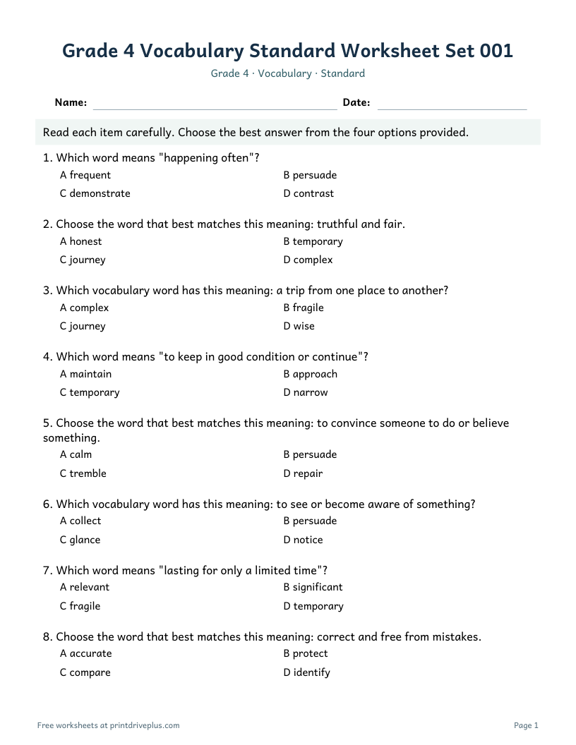Preview of Grade 4 Vocabulary Standard Worksheet Set 001