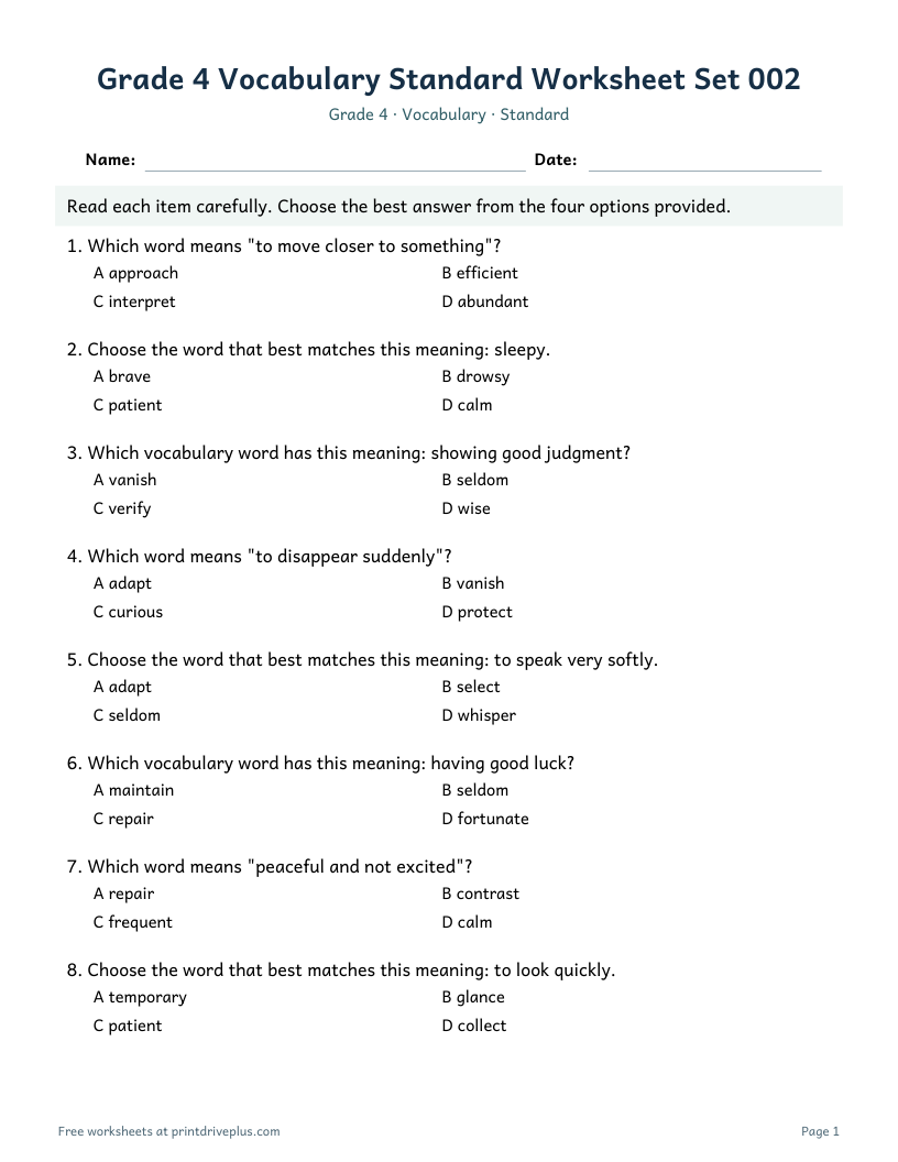 Preview of Grade 4 Vocabulary Standard Worksheet Set 002