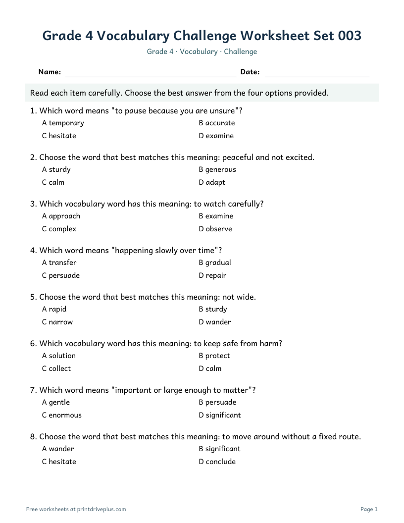 Preview of Grade 4 Vocabulary Challenge Worksheet Set 003