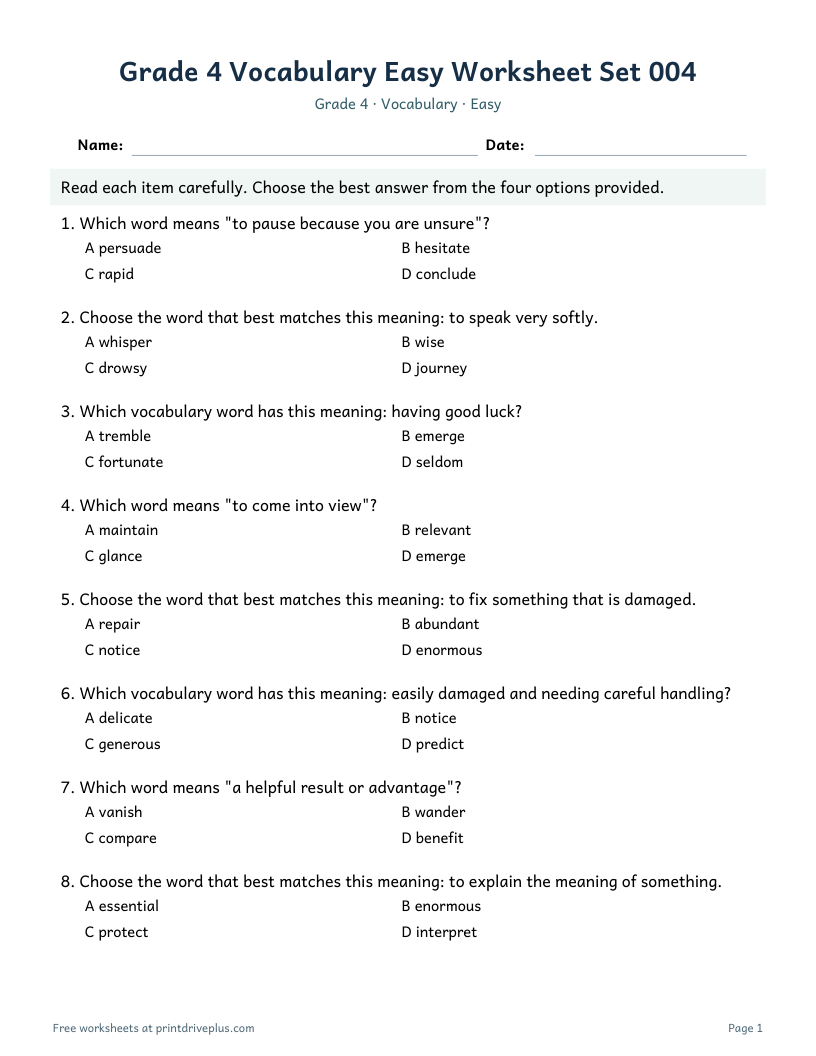 Preview of Grade 4 Vocabulary Easy Worksheet Set 004