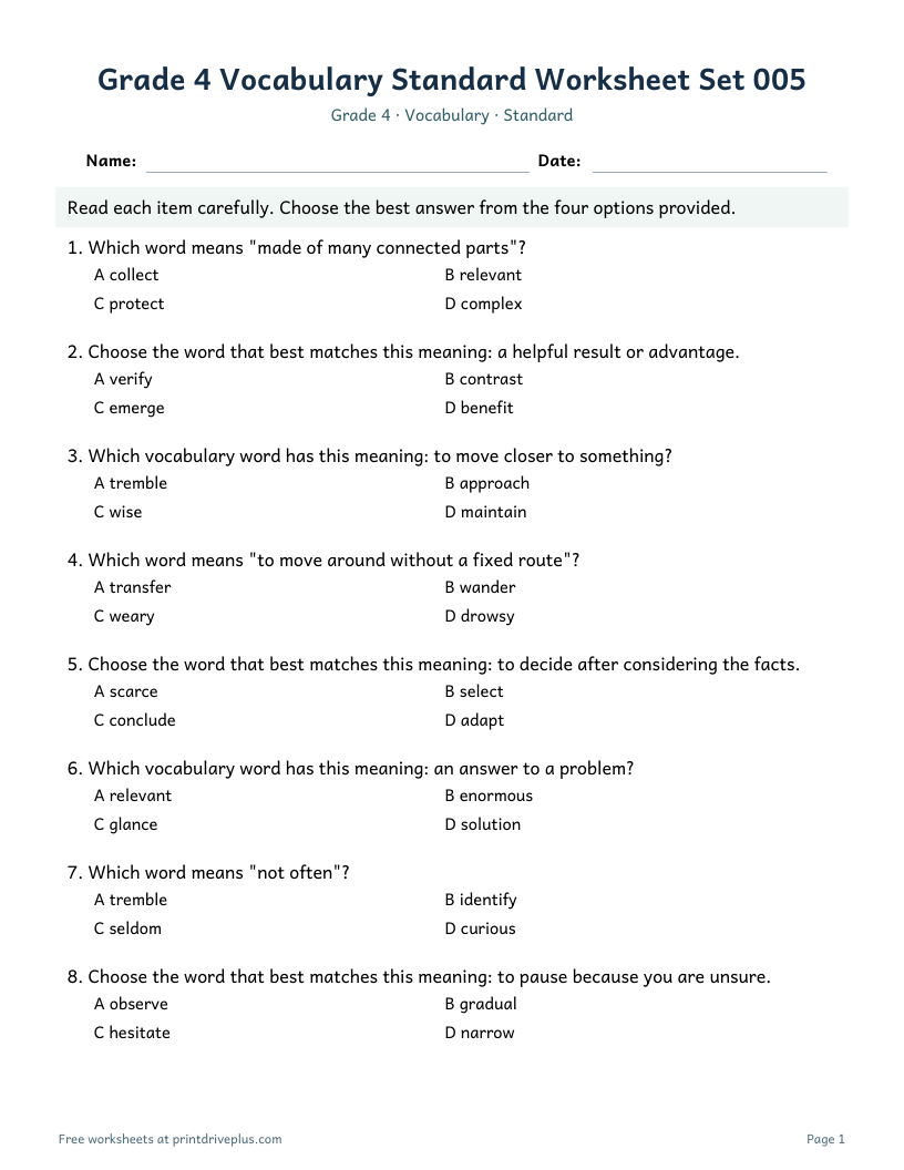 Preview of Grade 4 Vocabulary Standard Worksheet Set 005