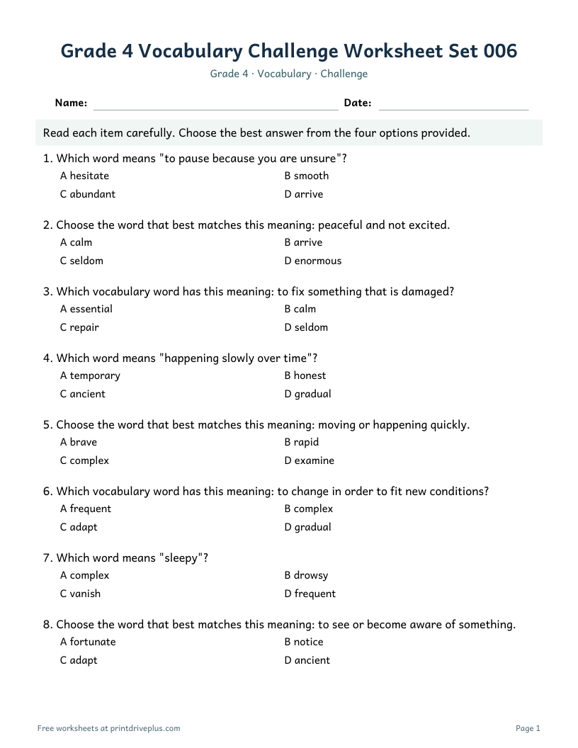 Preview of Grade 4 Vocabulary Challenge Worksheet Set 006