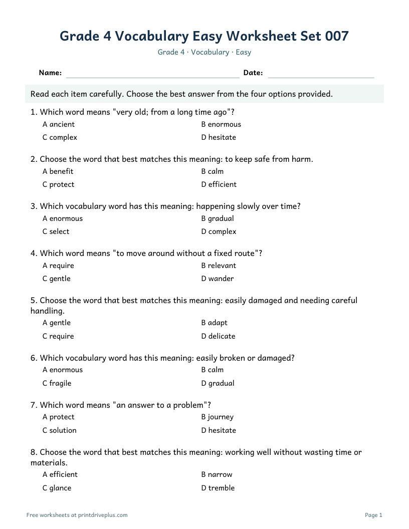 Preview of Grade 4 Vocabulary Easy Worksheet Set 007