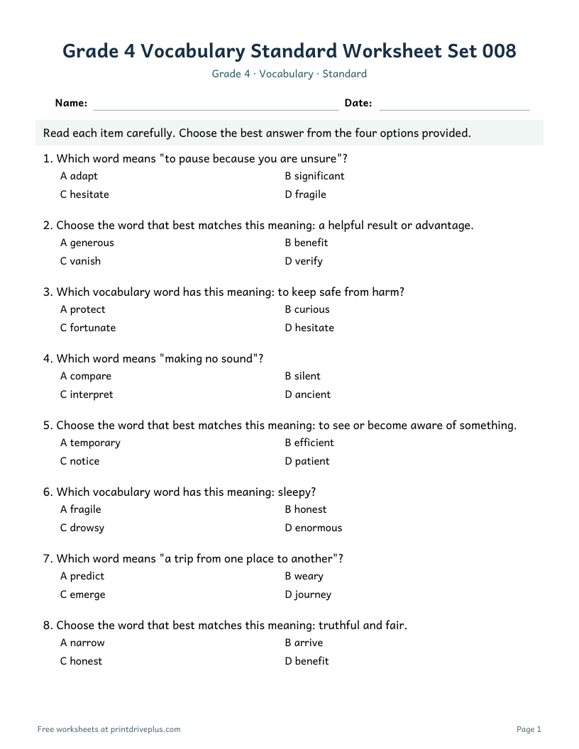 Preview of Grade 4 Vocabulary Standard Worksheet Set 008